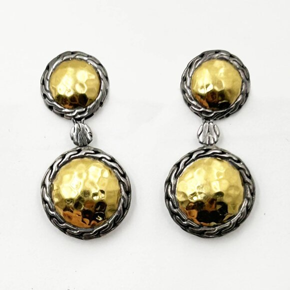 John Hardy 22K Yellow Gold 925 Silver Chain Round Dangle Piercing Earrings - Picture 1 of 4